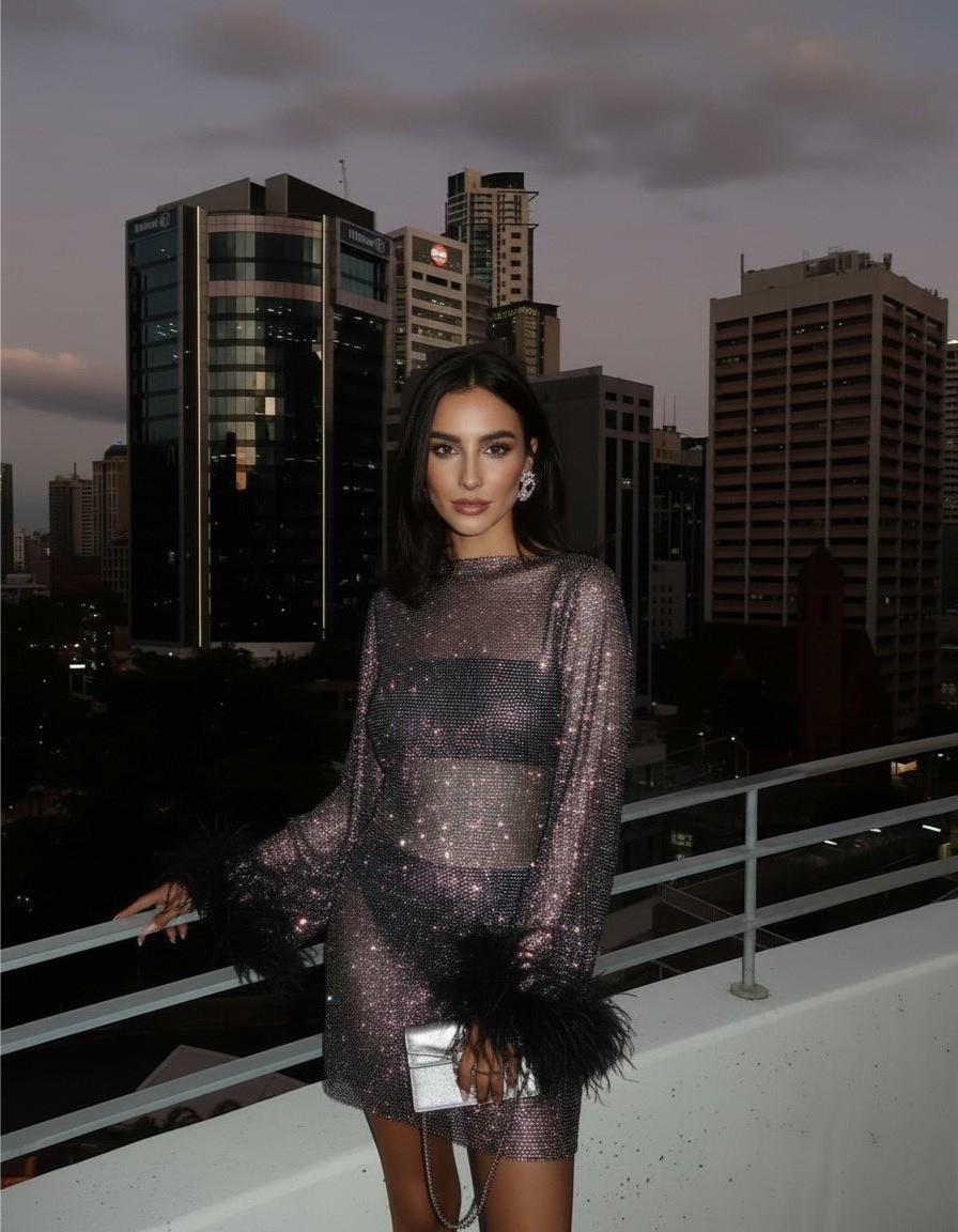 Damen-Cocktail-Minikleid mit transparenten Ärmeln und Pailletten