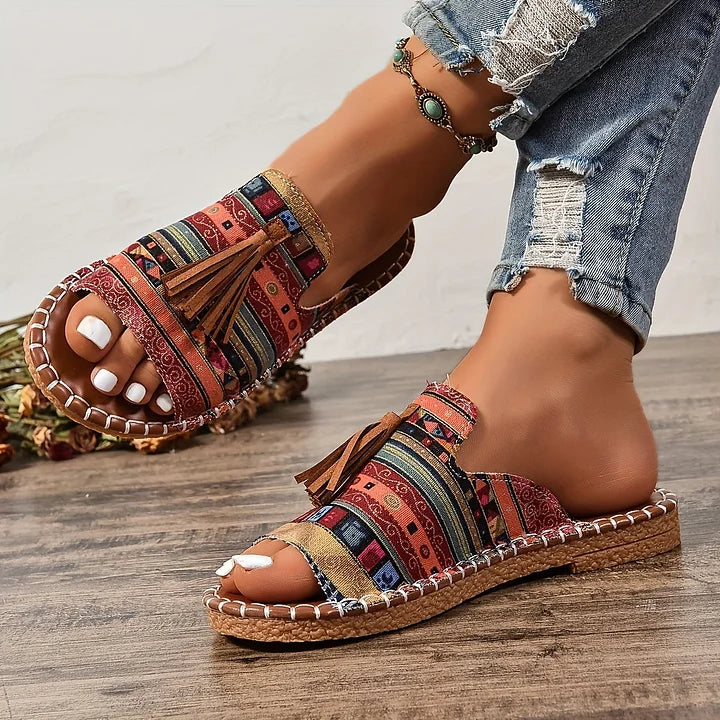 Women’s Boho Tassel Open Toe Slide Sandals