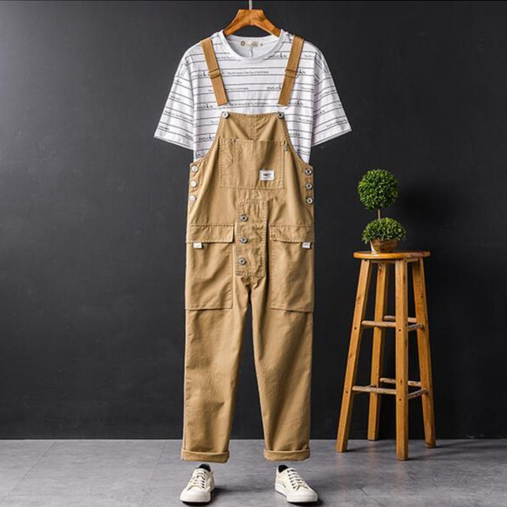 Damen-Latzhose mit Cargotaschen, verstellbaren Trägern, geradem Bein und Knopfdetails