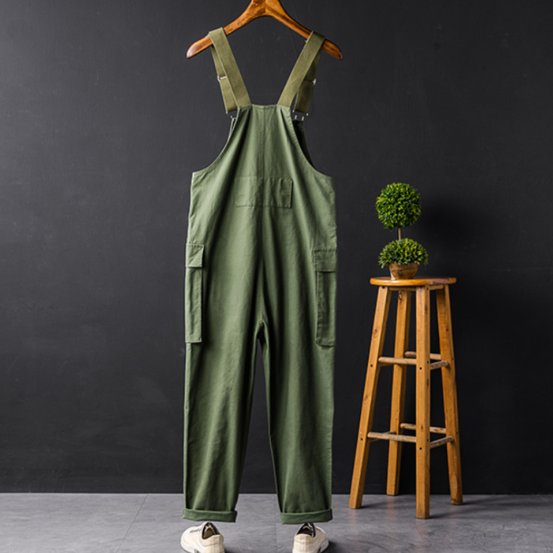 Damen-Latzhose mit Cargotaschen, verstellbaren Trägern, geradem Bein und Knopfdetails
