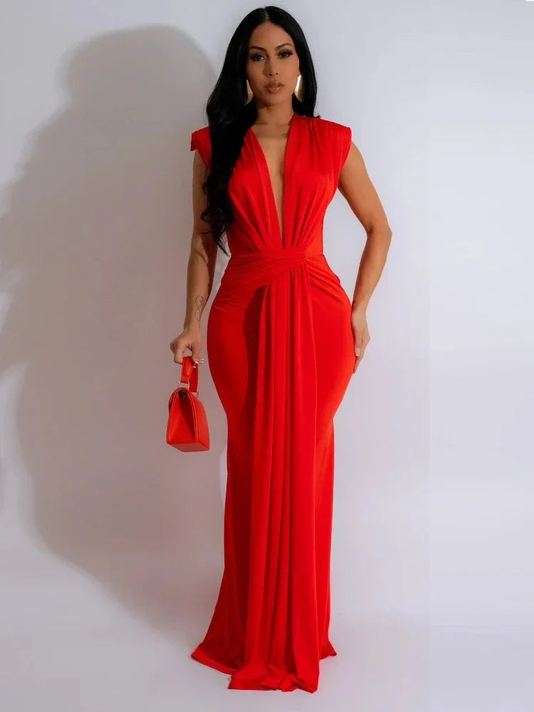 Women’s Deep V-Neck Sleeveless Bodycon Draped Maxi Dress