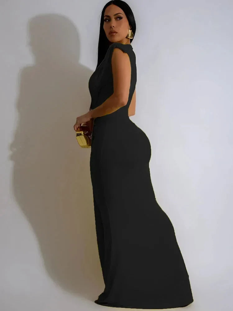 Women’s Deep V-Neck Sleeveless Bodycon Draped Maxi Dress
