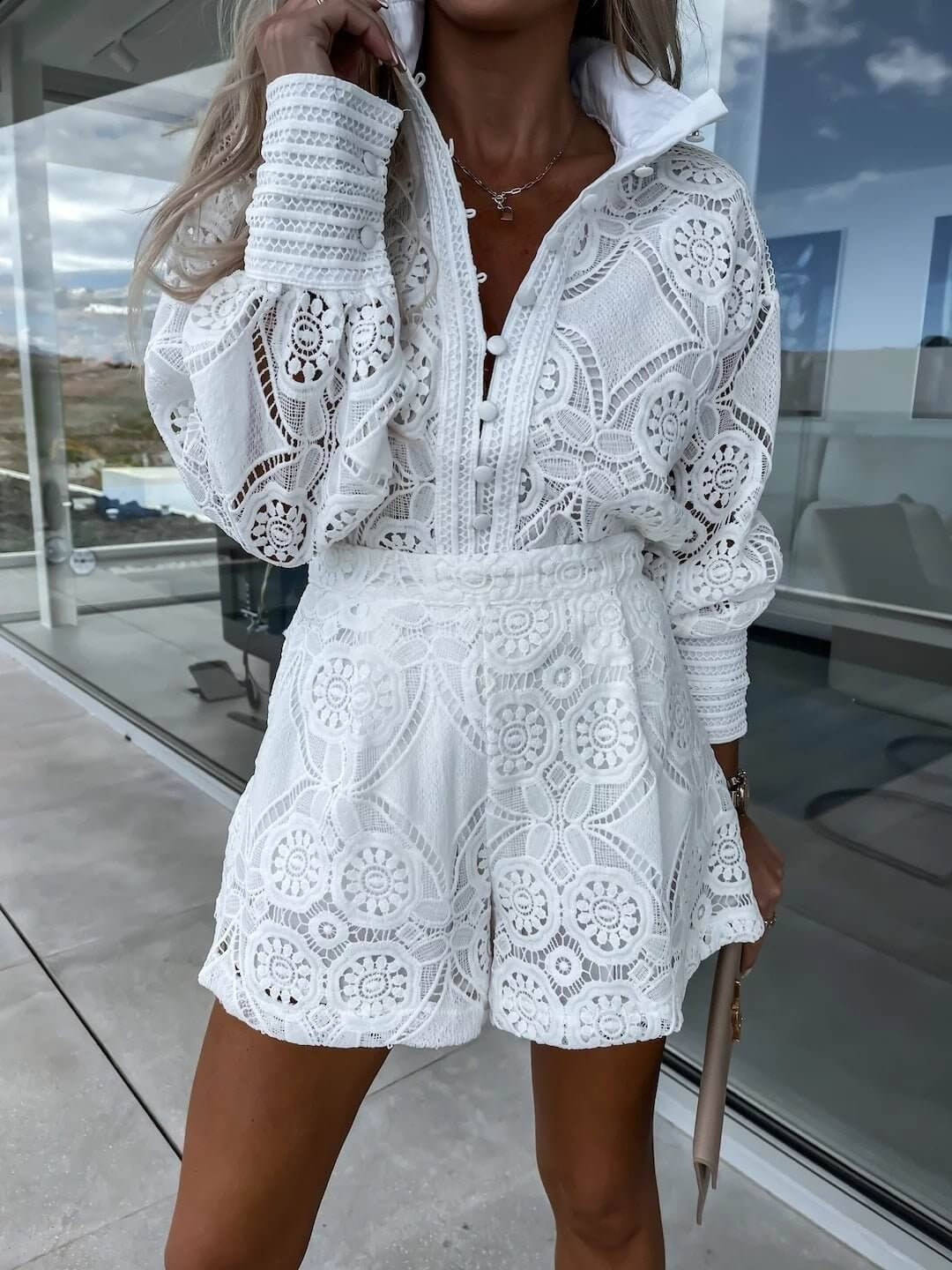 Women’s Two-Piece Set with Patterned Lace Top and Shorts