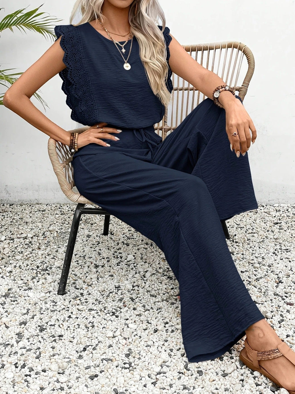Women’s Lace Sleeveless Top and Wide Leg Pants 2 Piece Set
