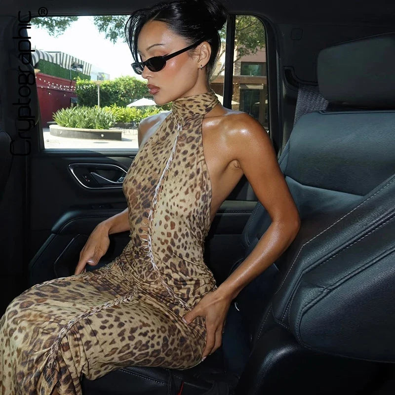 Women’s Leopard Print Halter Maxi Wedding Guest Dress