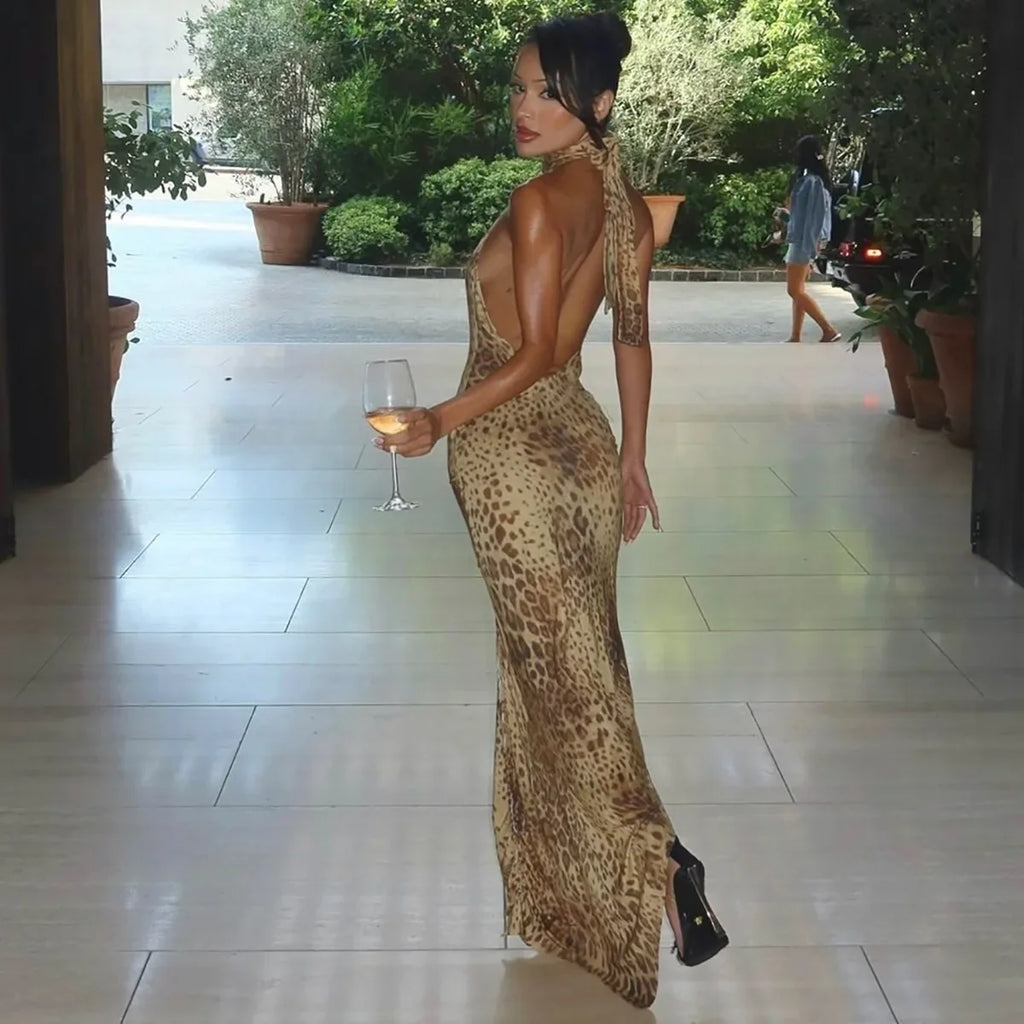 Women’s Leopard Print Halter Maxi Wedding Guest Dress