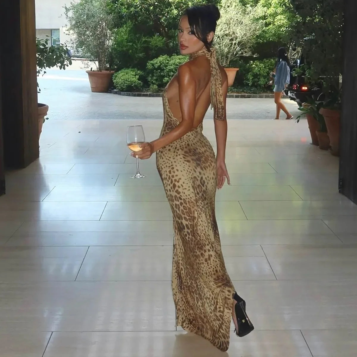 Women’s Leopard Print Halter Maxi Wedding Guest Dress