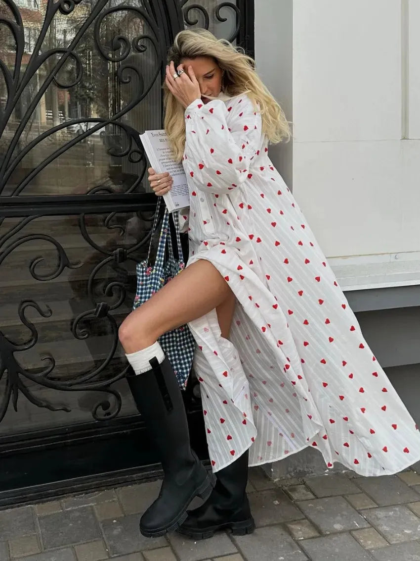 Damen-Maxikleid mit langen Ärmeln und Knopfleiste für den Sommer