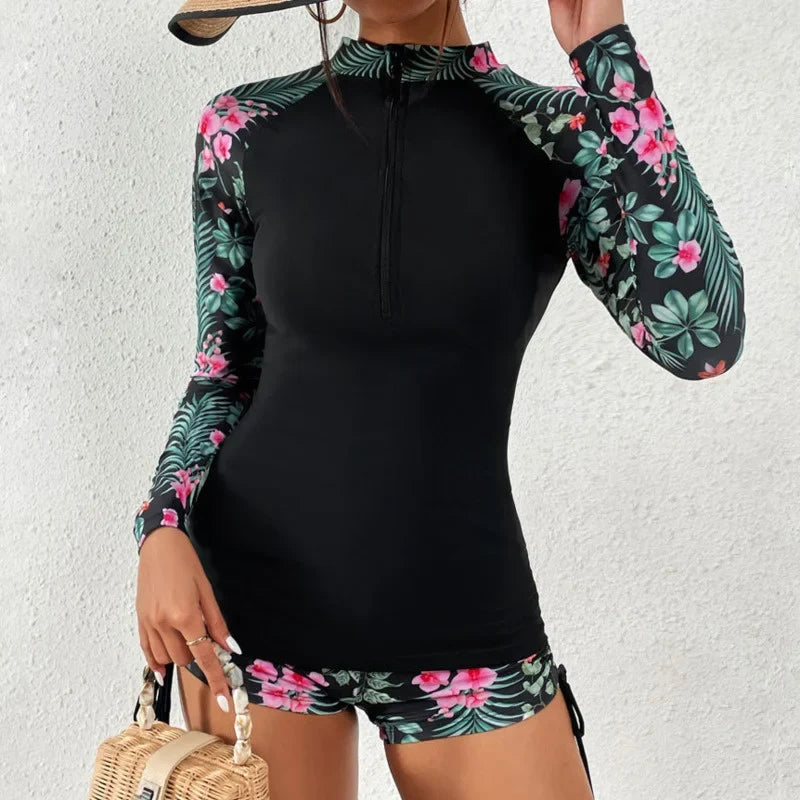 Women’s Long Sleeve Zip Front Two Piece Swimsuit Set