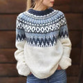 Damen-Strickpullover mit nordischem Muster, Rundhalsausschnitt und langen Ärmeln