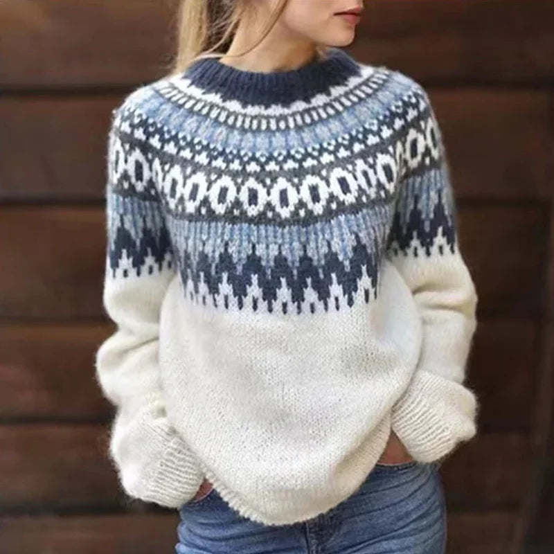 Damen-Strickpullover mit nordischem Muster, Rundhalsausschnitt und langen Ärmeln