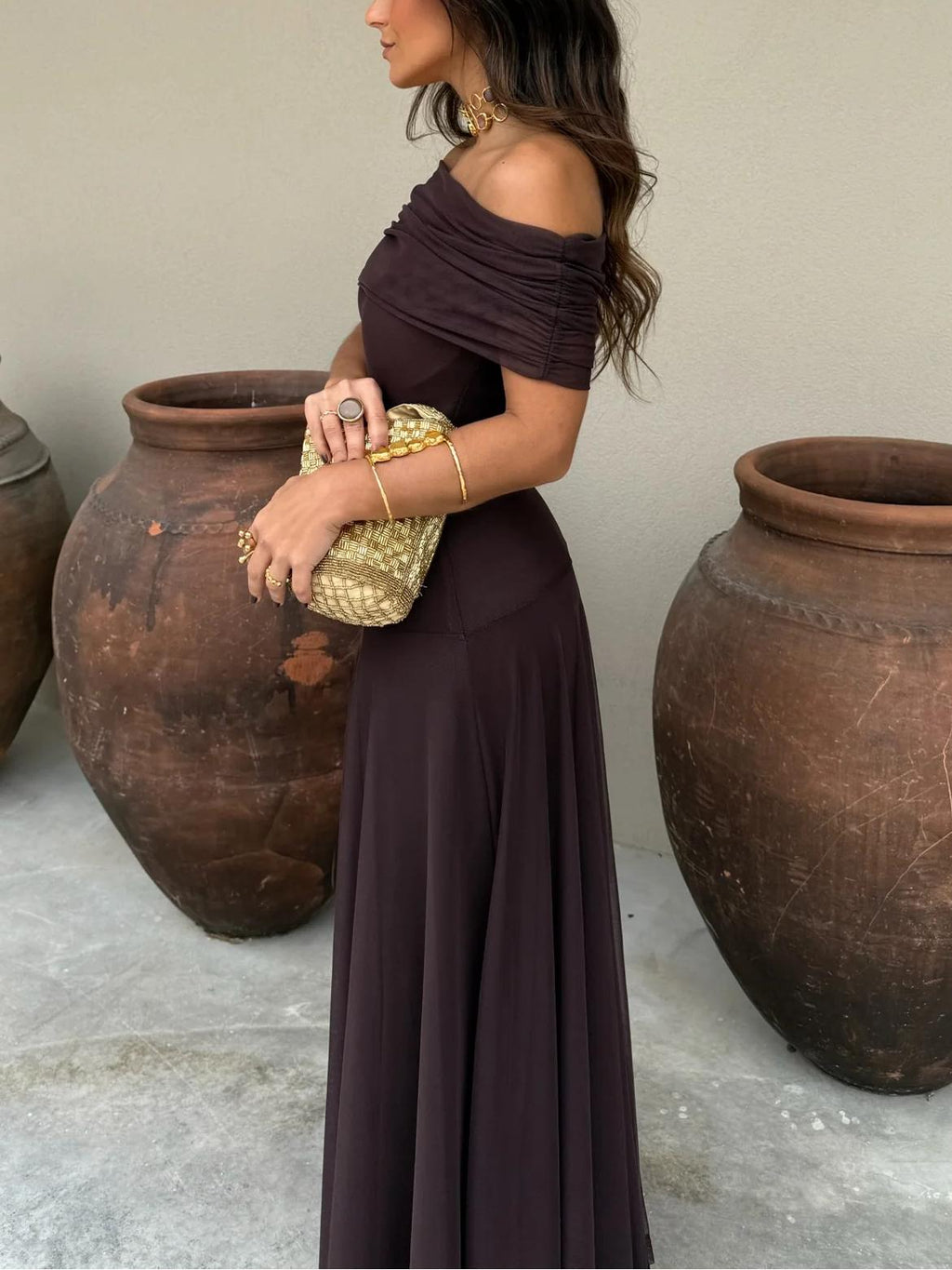Women’s Off Shoulder Sheer Overlay Maxi Wedding Guest Dress