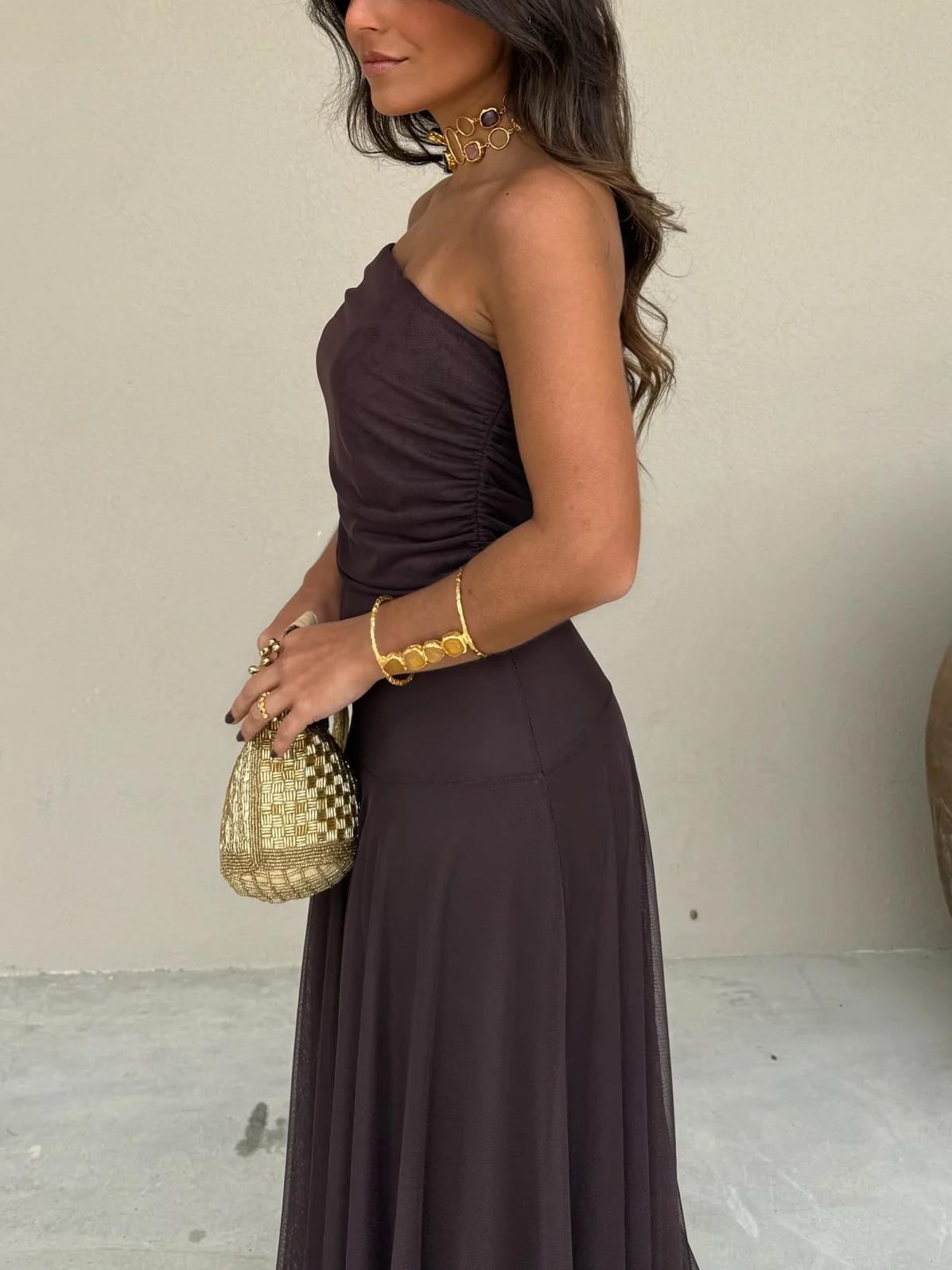 Women’s Off Shoulder Sheer Overlay Maxi Wedding Guest Dress