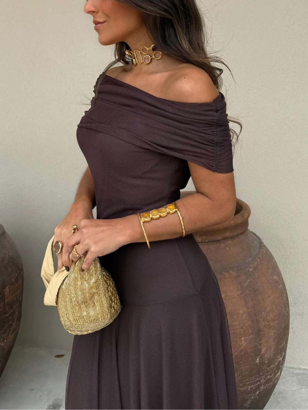 Women’s Off Shoulder Sheer Overlay Maxi Wedding Guest Dress