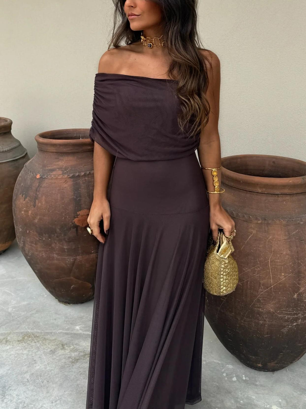 Women’s Off Shoulder Sheer Overlay Maxi Wedding Guest Dress