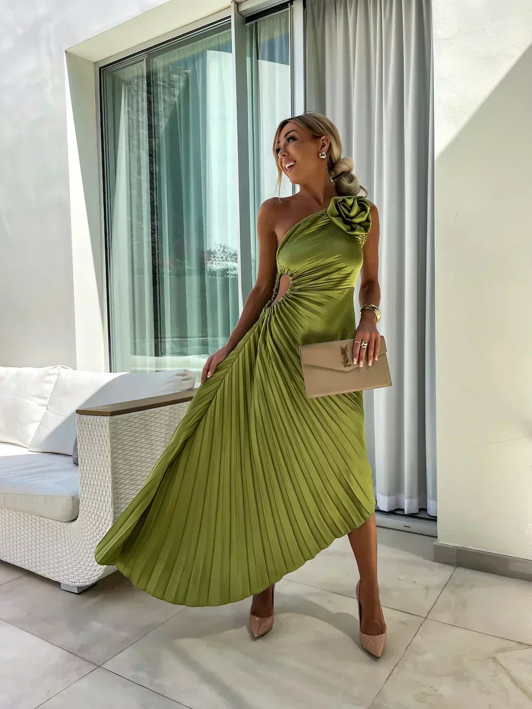 Women’s One Shoulder Pleated Midi Wedding Guest Dress