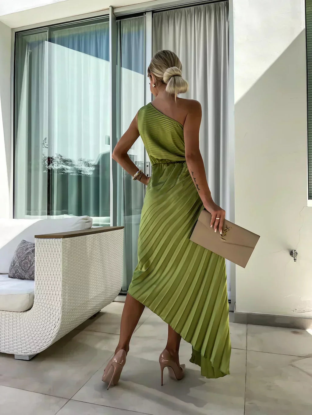 Women’s One Shoulder Pleated Midi Wedding Guest Dress