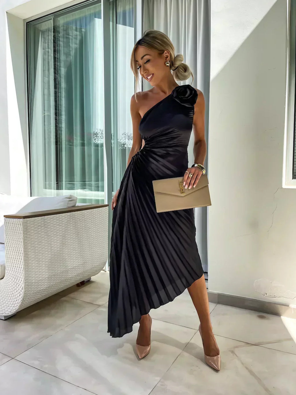 Women’s One Shoulder Pleated Midi Wedding Guest Dress