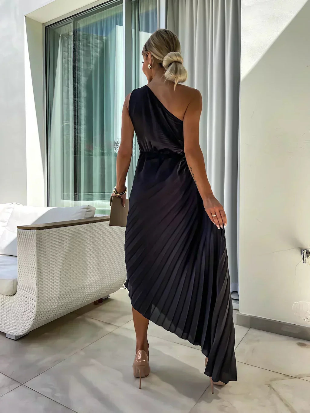 Women’s One Shoulder Pleated Midi Wedding Guest Dress