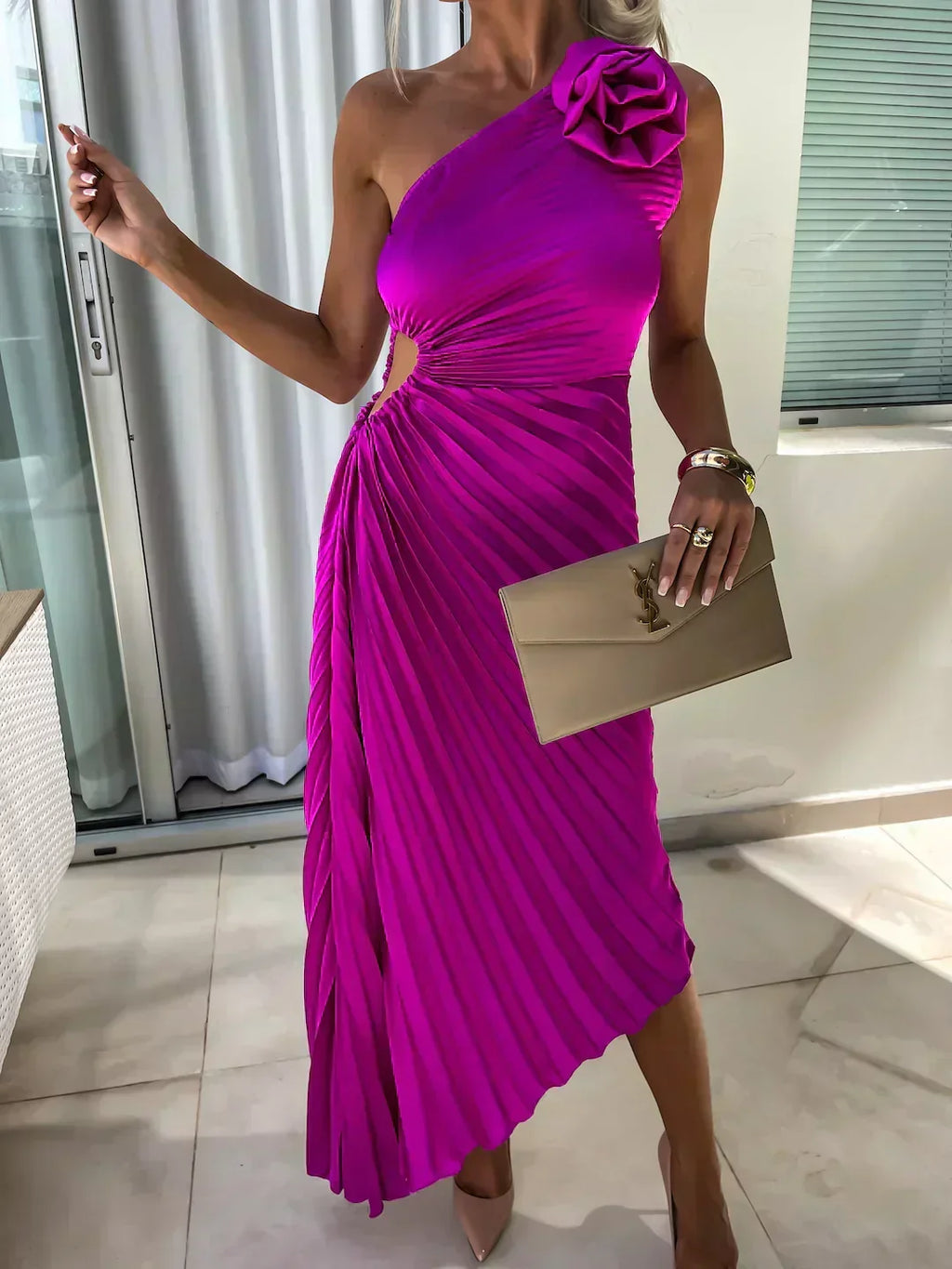 Women’s One Shoulder Pleated Midi Wedding Guest Dress