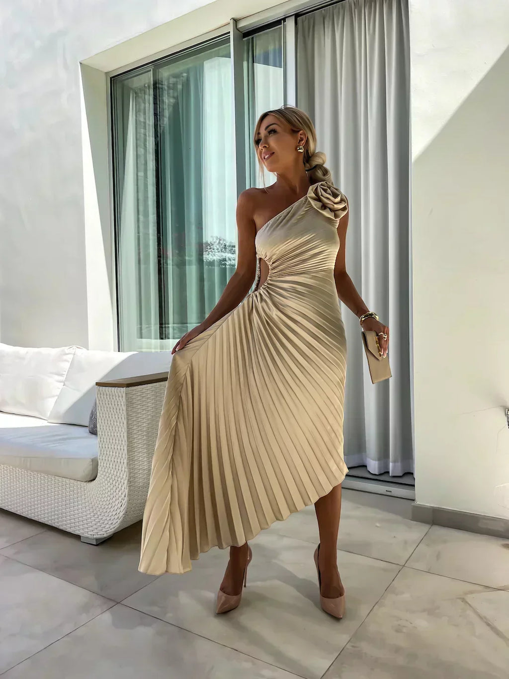 Women’s One Shoulder Pleated Midi Wedding Guest Dress