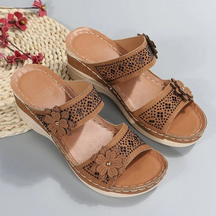 Women’s Open-Toe Flower Strap Wedge Slide Sandals