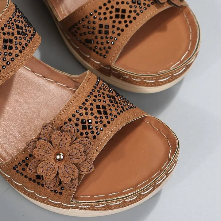 Women’s Open-Toe Flower Strap Wedge Slide Sandals