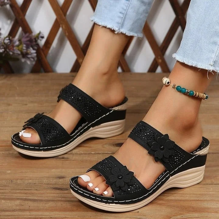 Women’s Open-Toe Flower Strap Wedge Slide Sandals