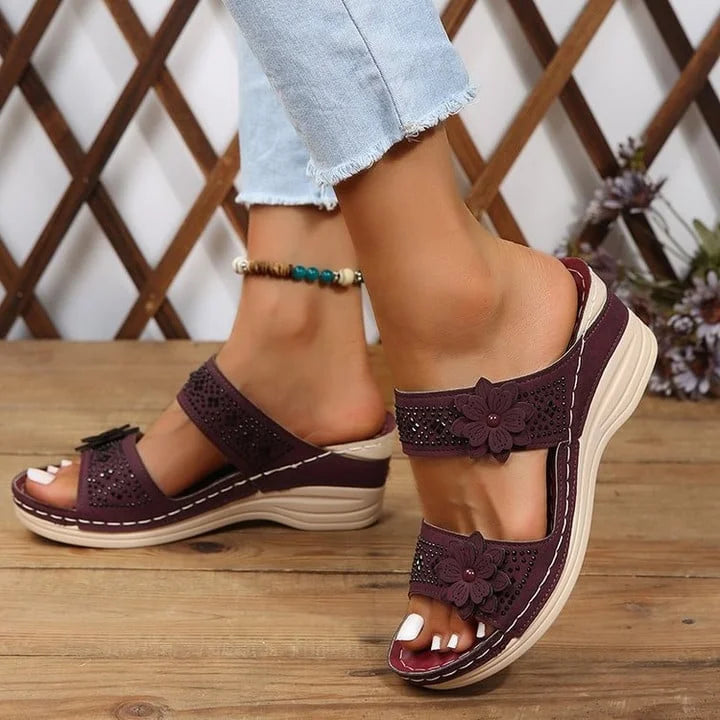 Women’s Open-Toe Flower Strap Wedge Slide Sandals