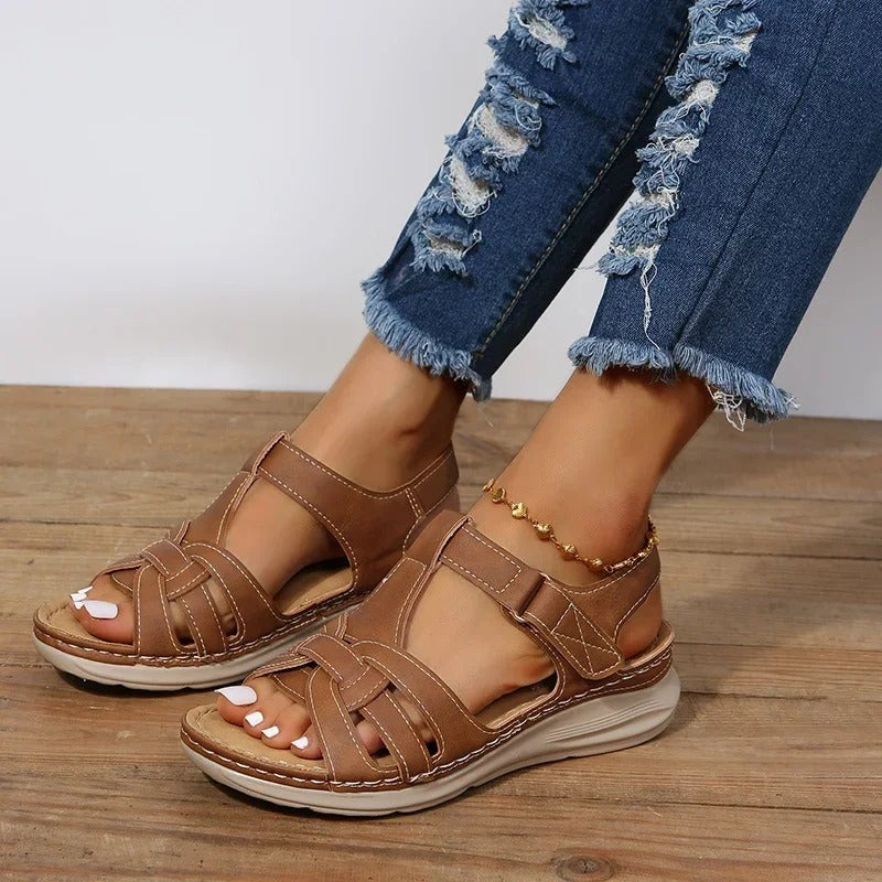 Women’s Open Toe Multi Strap Hook and Loop Flat Sandals