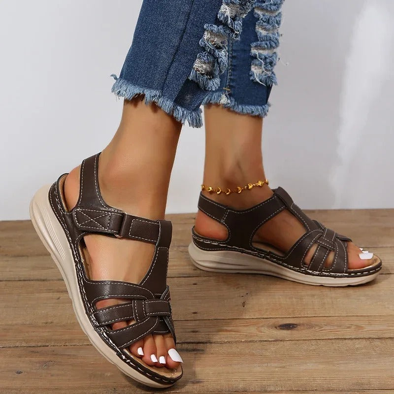 Women’s Open Toe Multi Strap Hook and Loop Flat Sandals