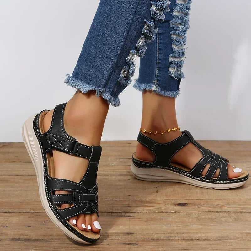 Women’s Open Toe Multi Strap Hook and Loop Flat Sandals