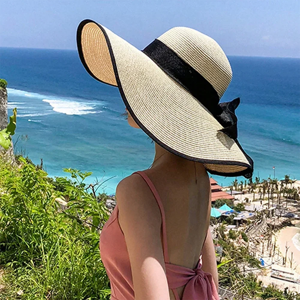 Women’s Oversized Wide Brim Straw Beach Hat with Bow