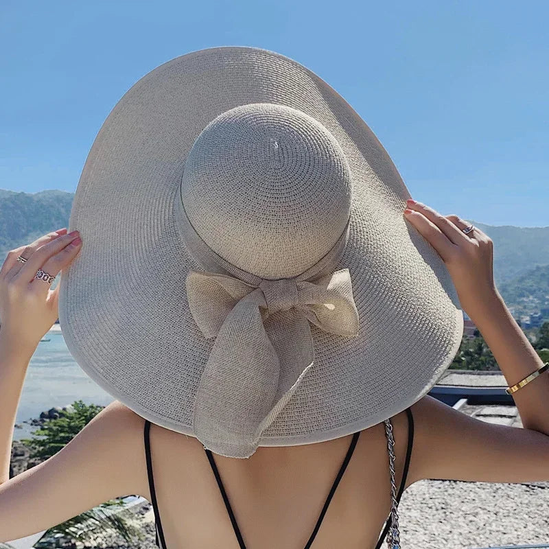 Women’s Oversized Wide Brim Straw Beach Hat with Bow