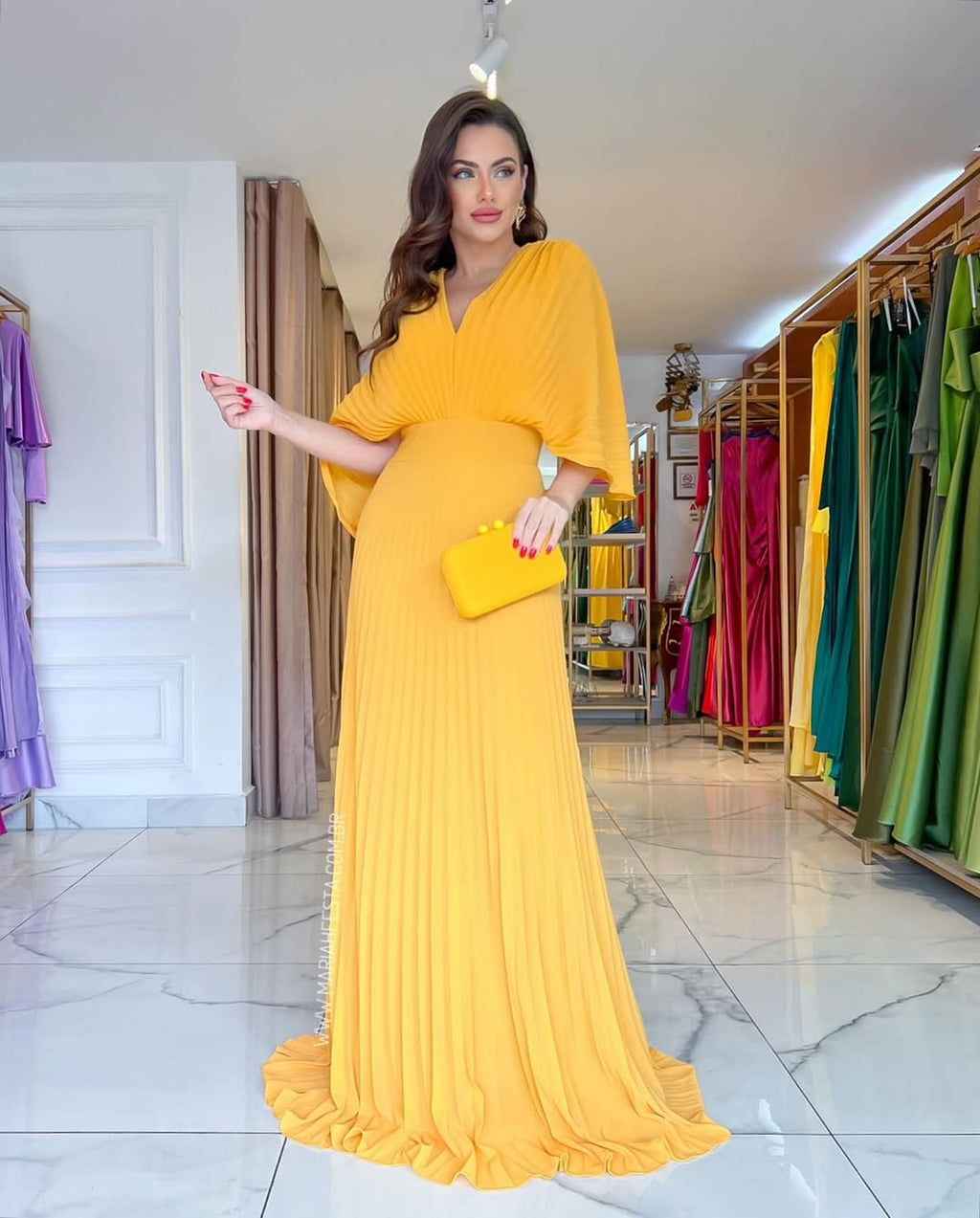 Women’s Pleated Batwing Sleeve Maxi Wedding Guest Dress