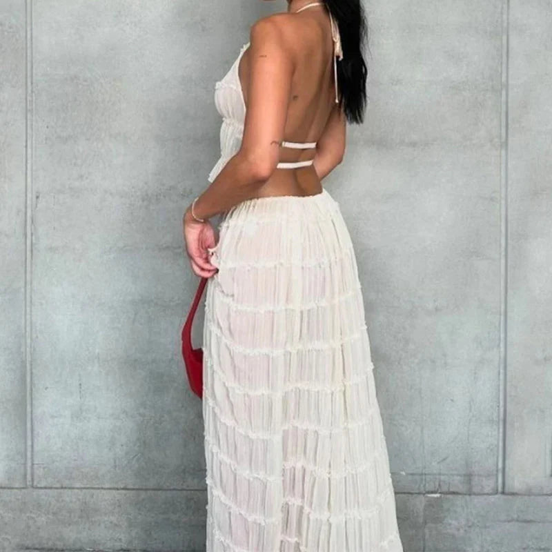 Women's Pleated Halter Backless Crop Top Maxi Skirt Set
