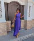 Women’s Pleated One Shoulder Cutout Asymmetrical Midi Wedding Guest Dress