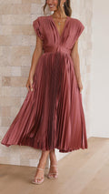 Women’s Pleated V Neck Cap Sleeve Midi Wedding Guest Dress