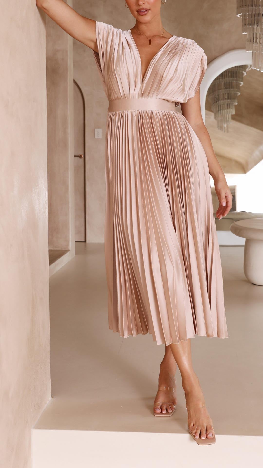 Kaitlyn | Elegantes Midikleid mit Falten und V-Ausschnitt