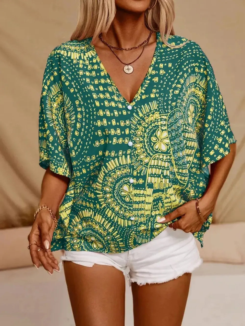 Women’s Printed V-Neck Short Sleeve Loose Fit Blouse