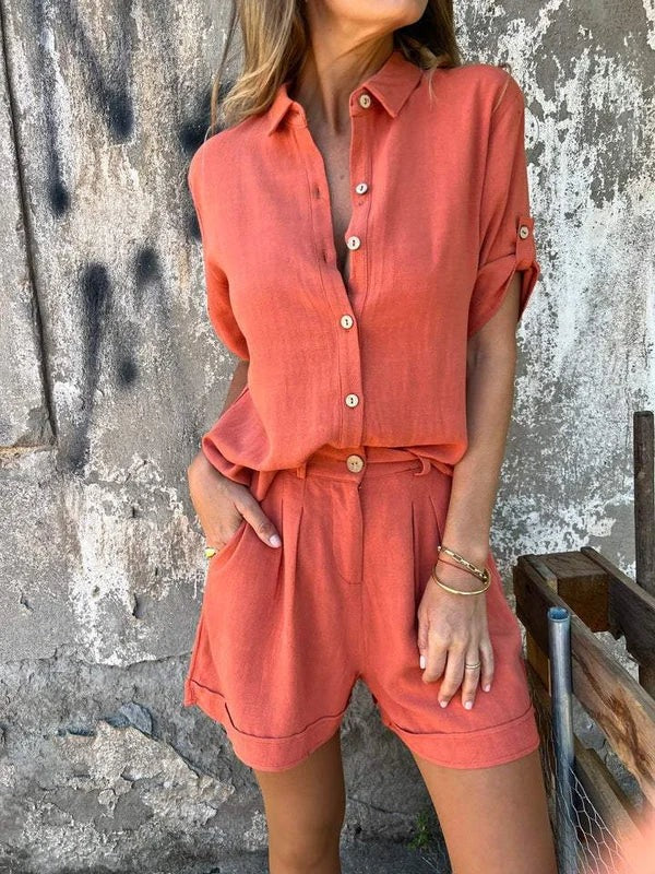Women’s Short Sleeve Button Front Shirt and Shorts 2 Piece Set