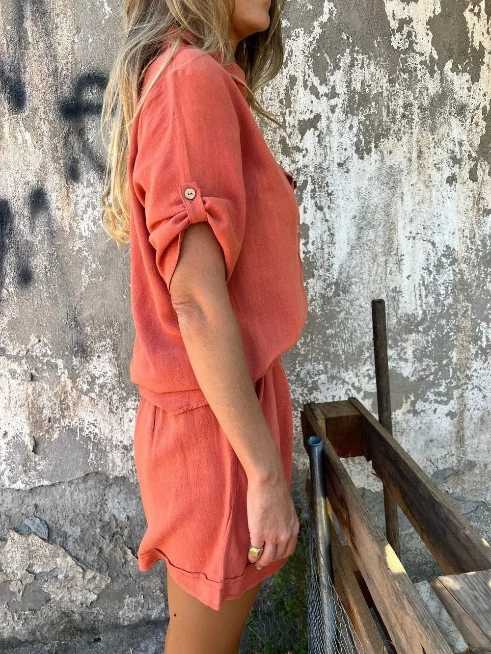 Women’s Short Sleeve Button Front Shirt and Shorts 2 Piece Set