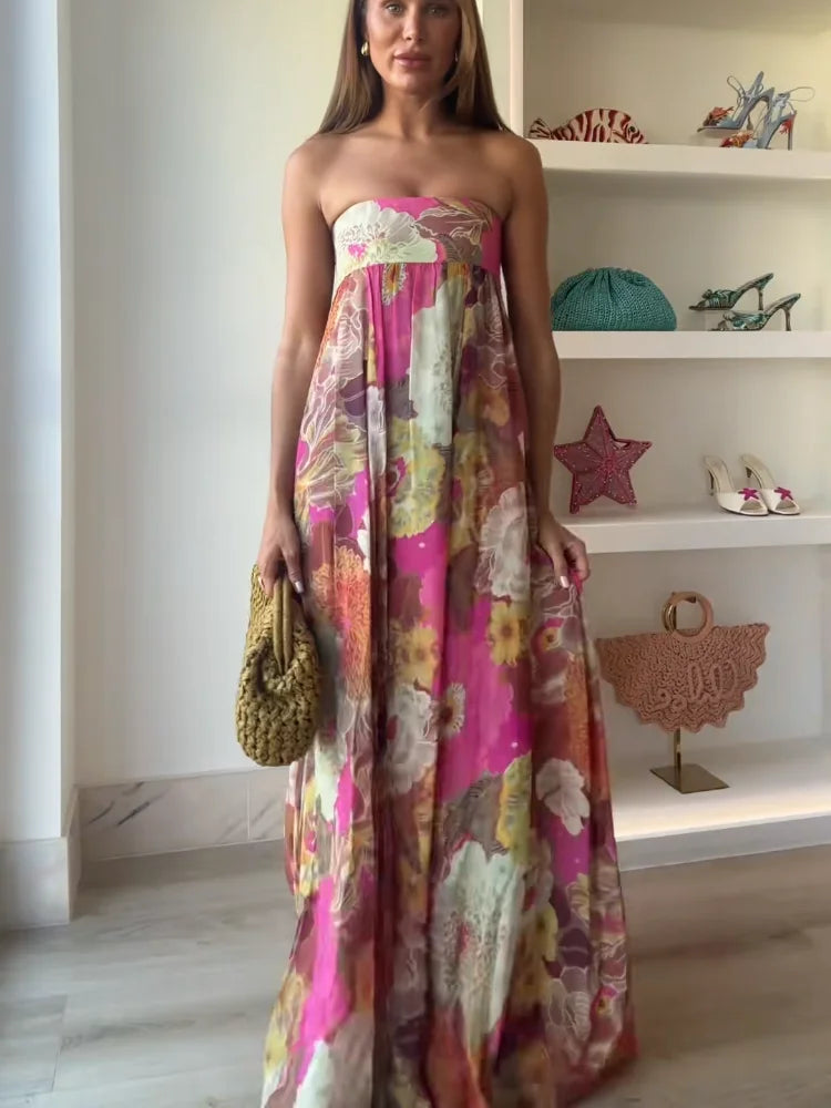 Women’s Strapless Floral Maxi Wedding Guest Dress