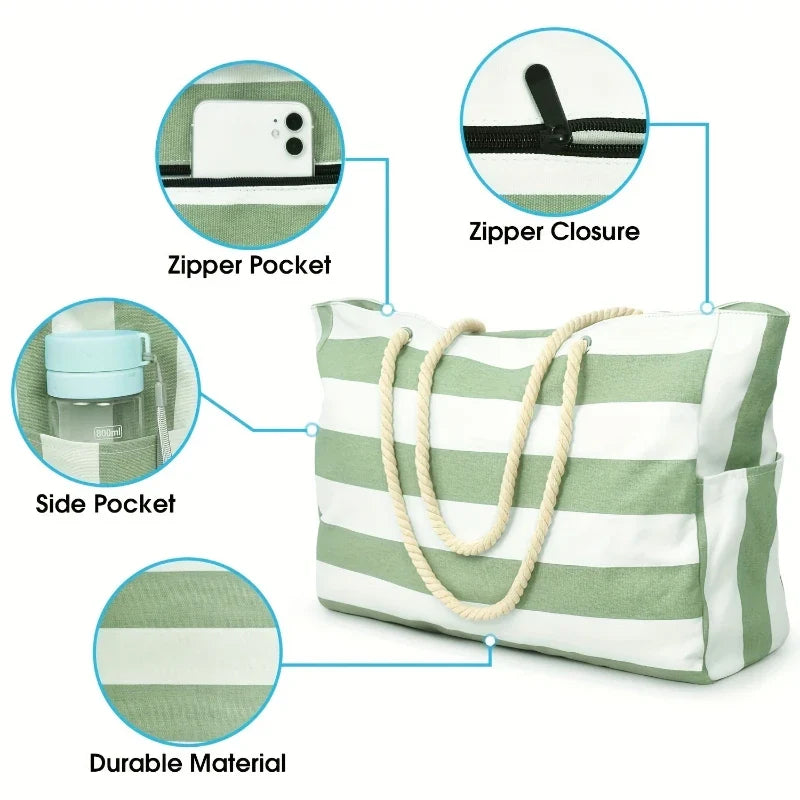 Women’s Striped Rope Handle Tote Beach Bag