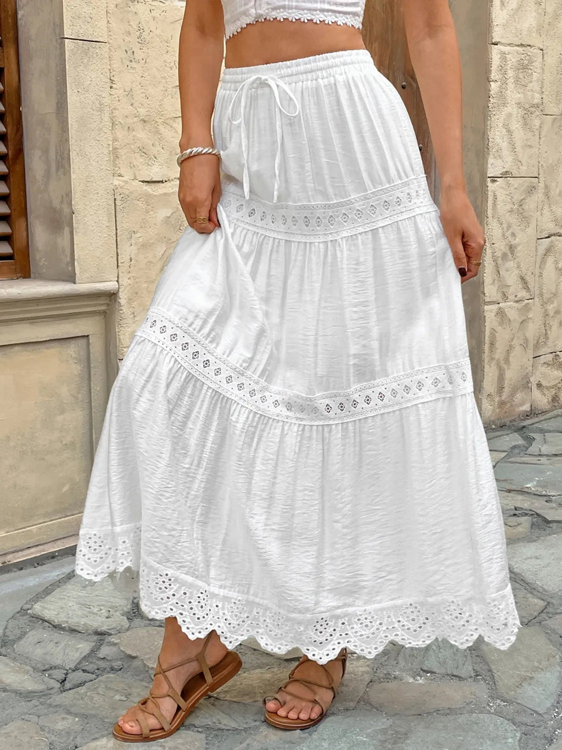 Women’s Tiered Lace Trim Elastic Waist Maxi Skirt