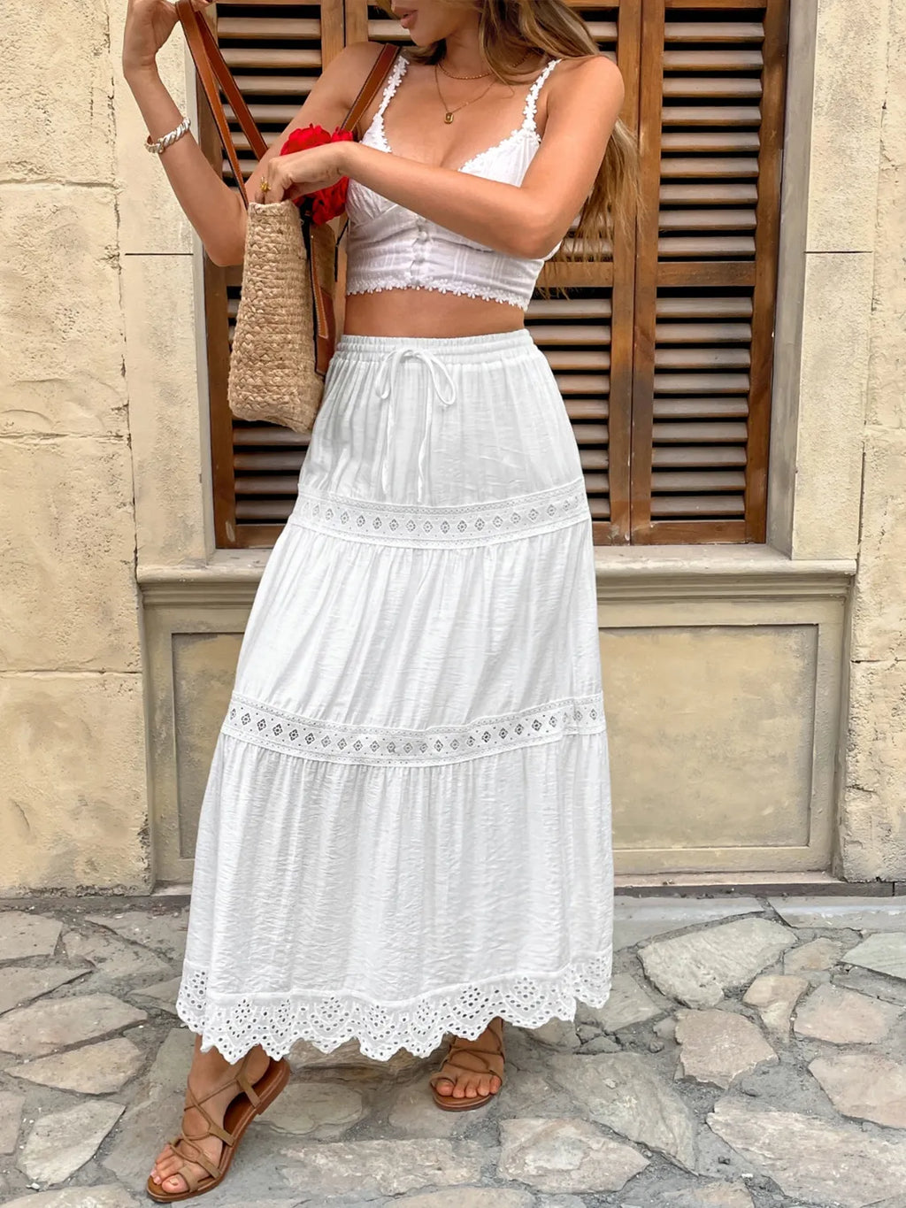 Women’s Tiered Lace Trim Elastic Waist Maxi Skirt