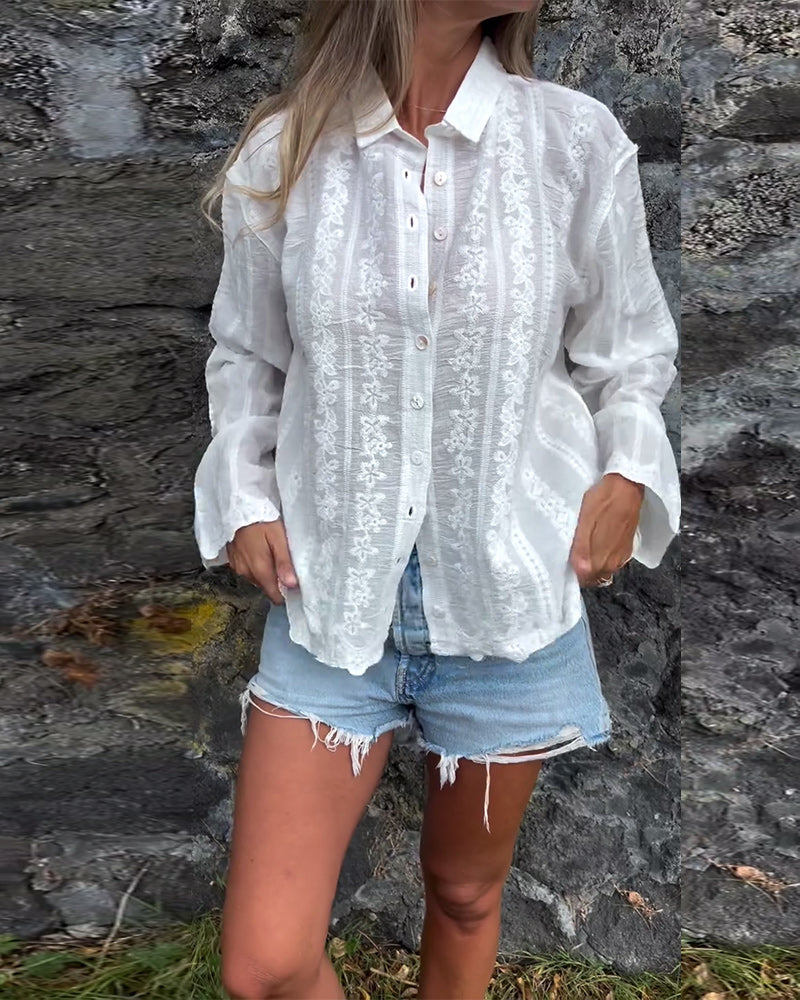 Damen-Bluse mit V-Ausschnitt, langen Ärmeln und Spitze
