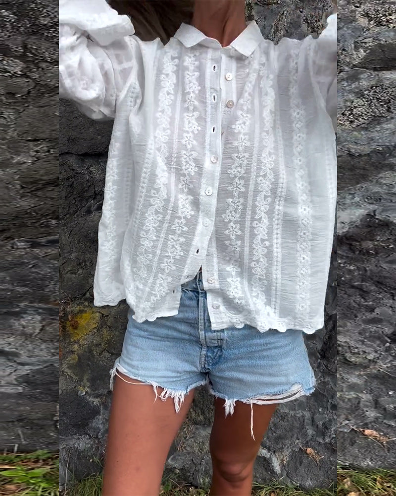 Damen-Bluse mit V-Ausschnitt, langen Ärmeln und Spitze