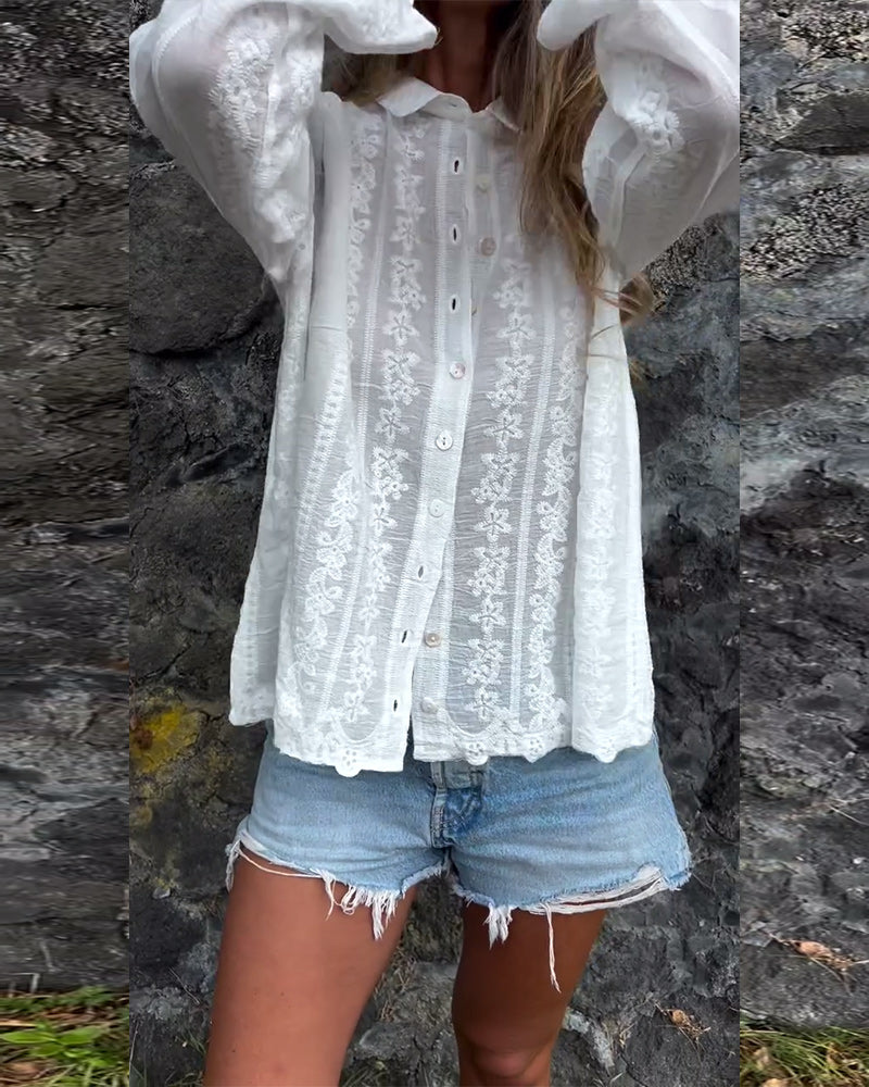 Damen-Bluse mit V-Ausschnitt, langen Ärmeln und Spitze
