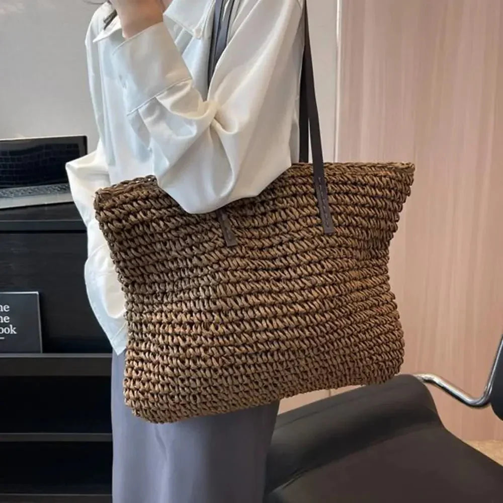 Women’s Woven Straw Look Large Shoulder Tote Bag
